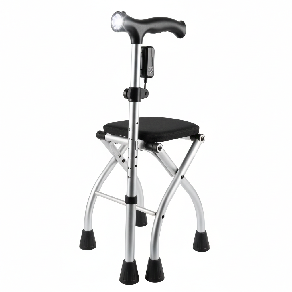 🦯 Canne de Marche Pliable LED - Siège Intégré Hauteur Réglable
